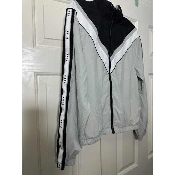 PINK Victoria's Secret Black Logo Zip Windbreaker Jacket Black White Gray XS - Picture 12 of 16